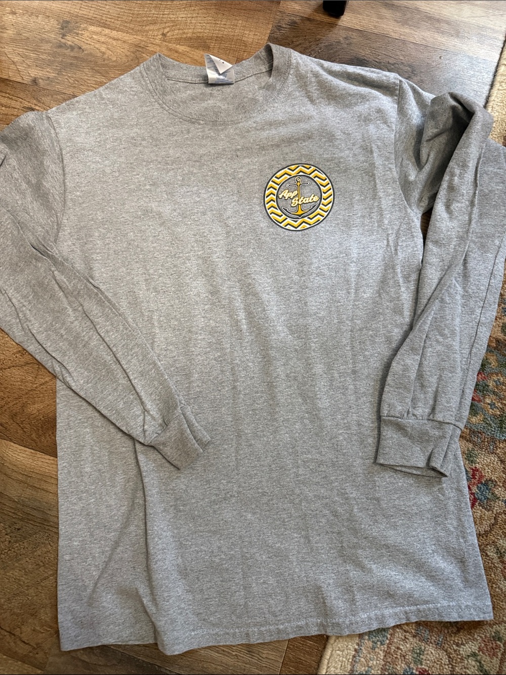 Gildan Gray Long-Sleeve Tee with Yellow Chest Emblem App State Emblem front and